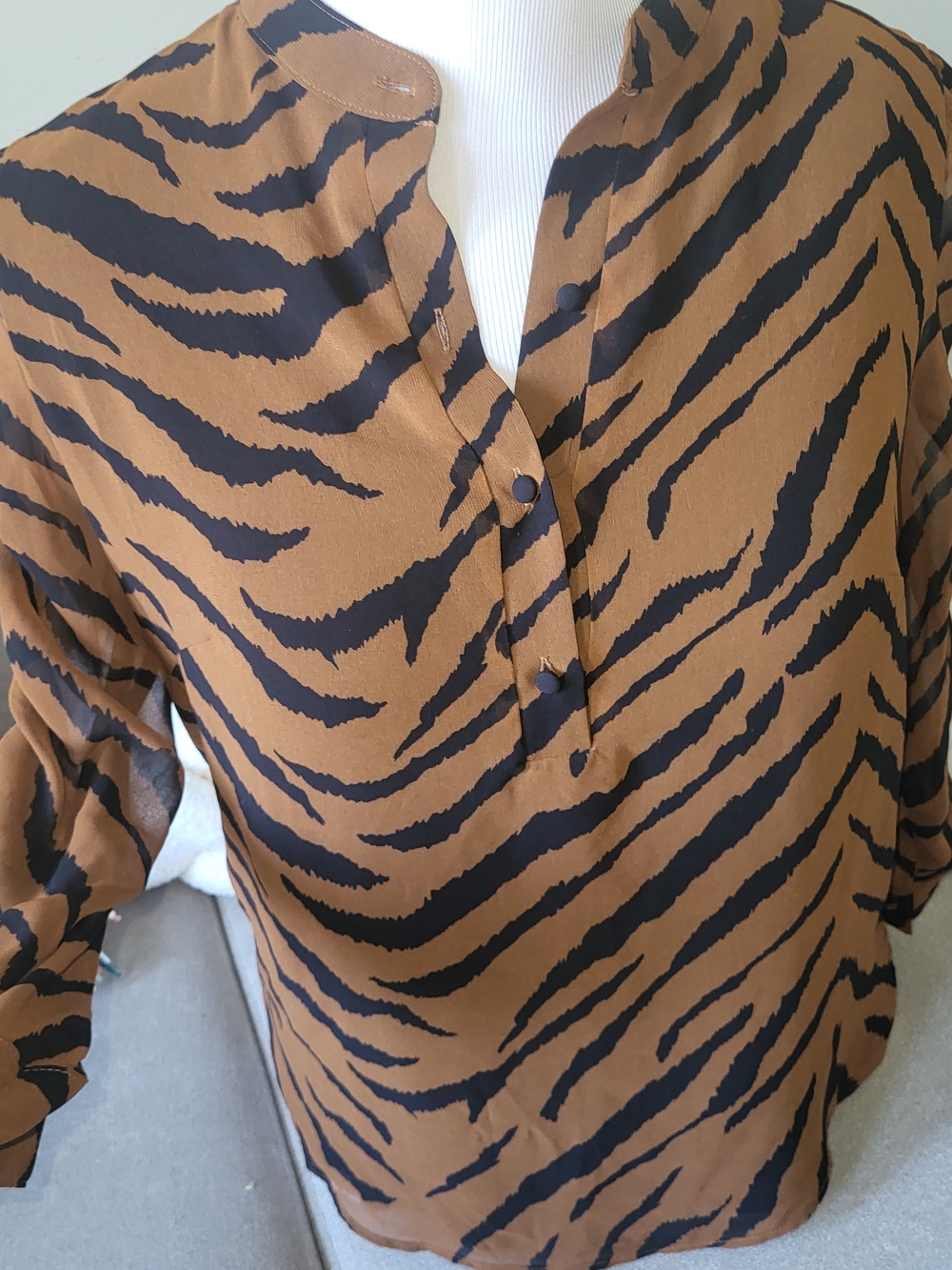 White House Black Market Brown/ Black Tiger-Print Button Placket Sheer Blouse M